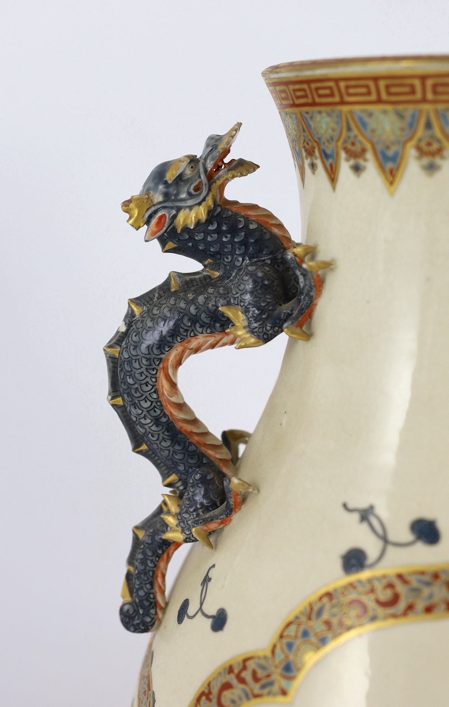 A large Japanese Satsuma pottery vase, late 19th century, 33.5cm, some damage to handles